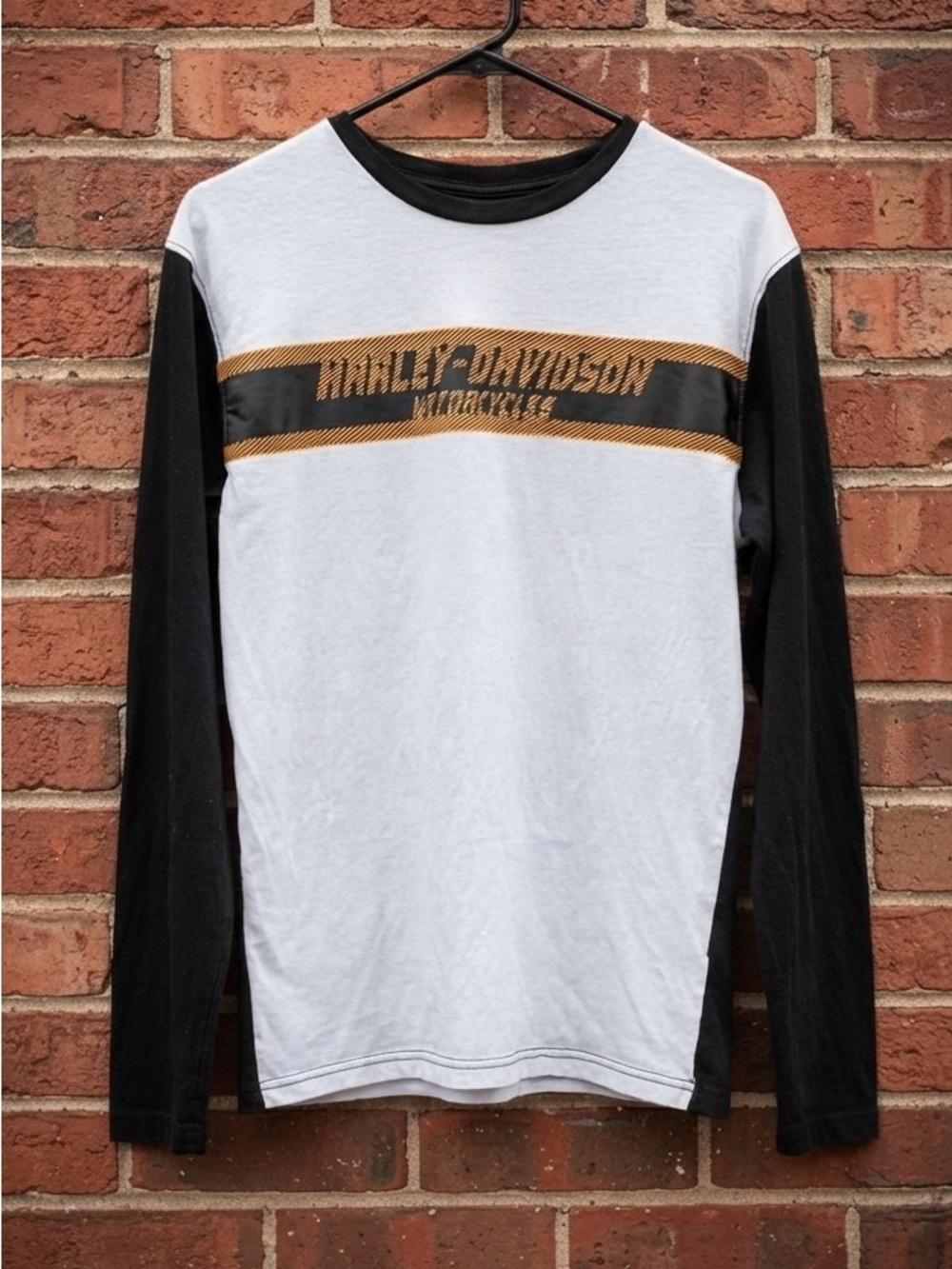 Harley-Davidson White Long Sleeve Shirt with Black Sleeves and Gold Stripe